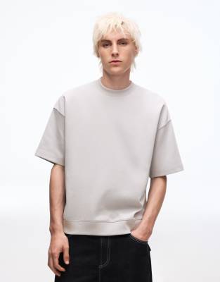 Bershka - Sweat-shirt côtelé à manches courtes - Gris