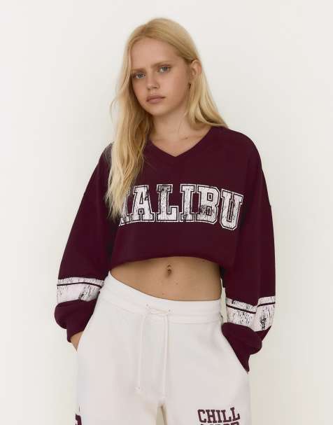 Bershka sweat-shirt court à col rond imprimé bordeaux - view 1