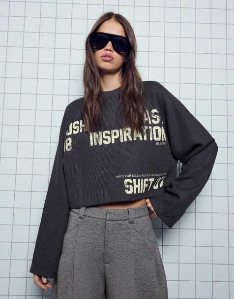 Bershka sweat-shirt imprimé à col rond gris - view 1