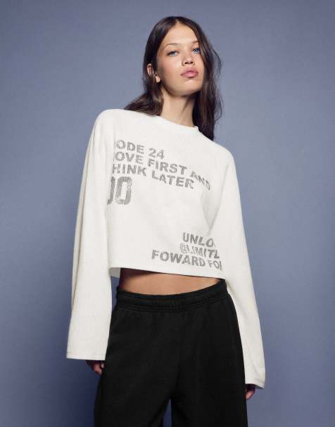Bershka sweat-shirt imprimé col rond en écru - view 1