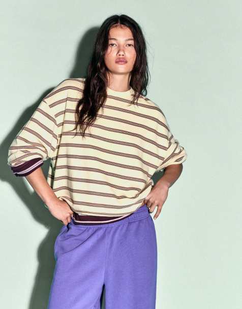 Bershka - Sweat-shirt rayé à col rond - Jaune - view 1