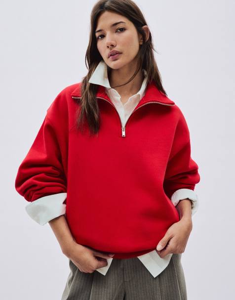 Bershka - Sweat-shirt zippé à col montant - Rouge - view 1