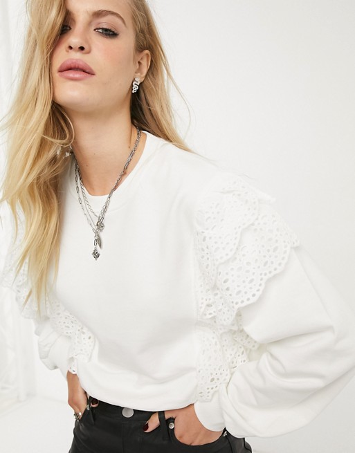 Bershka sweat top with broderie frill detail in white