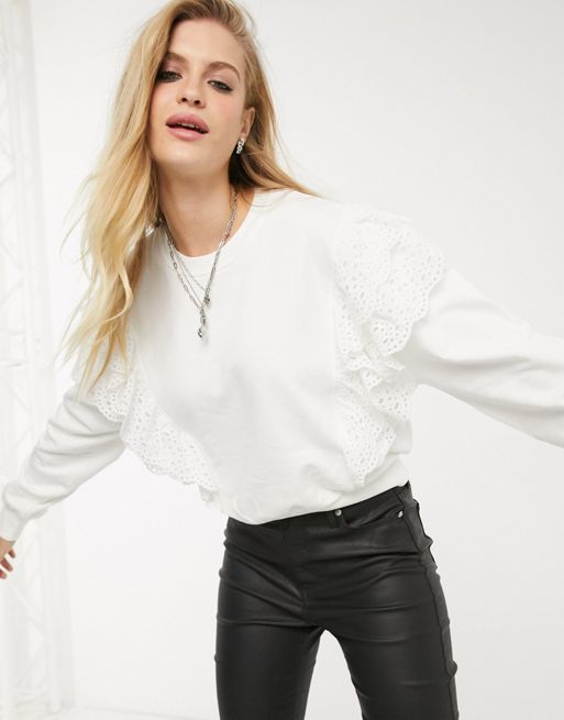 Bershka sweat top with broderie frill detail in white | ASOS