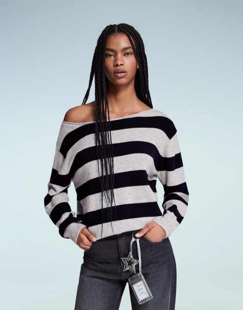 Bershka - Sweater met boothals en print in denimblauw - view 1