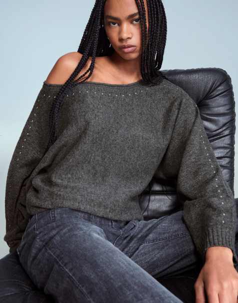 Bershka - Sweater met boothals en studs in grijs - view 1