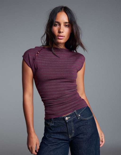 Bershka sweater met korte mouwen en knoopsluiting in bordeauxrood, 4 van 5