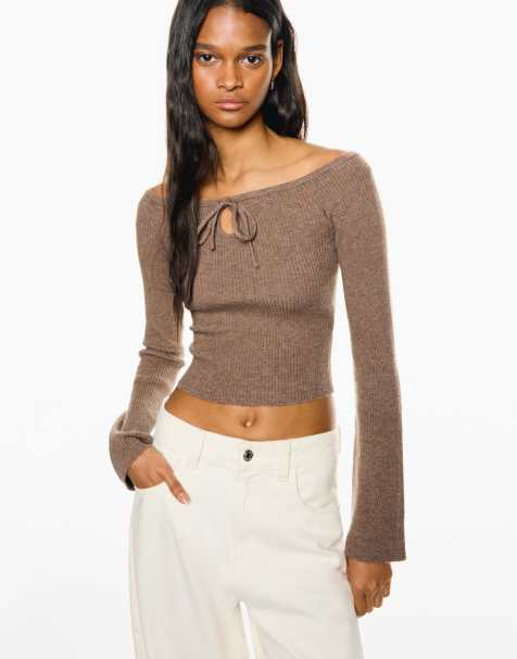 Bershka Sweater with tie detail in brown - view 1