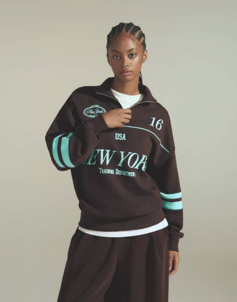 Bershka sweatshirt imprimé à demi-zip marron - view 1