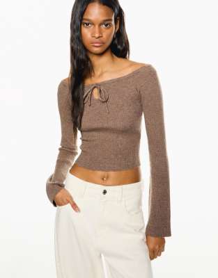 Bershka - Sweatshirt in Braun mit Bindedetail-Brown