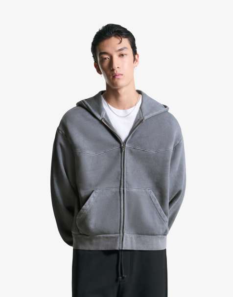 Bershka – Sweatshirt in Grau mit Reißverschluss und kastigem, kurzem Schnitt - view 1