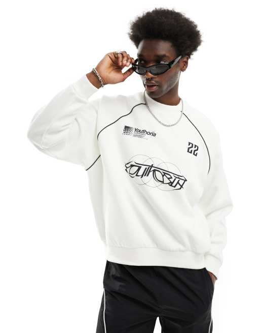 Bershka – Sweatshirt in Weiß mit Racing-Grafikprint und Paspelierung