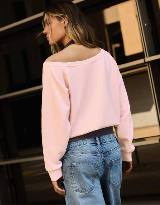Bershka sweatshirt med dobbel asymmetrisk hals i lyserød, 3 af 5