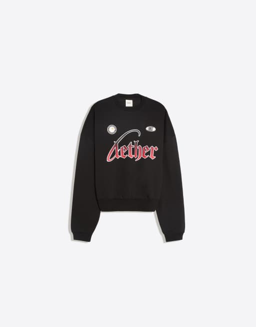 Bershka sweatshirt med rund hals og print i sort, 6 af 7
