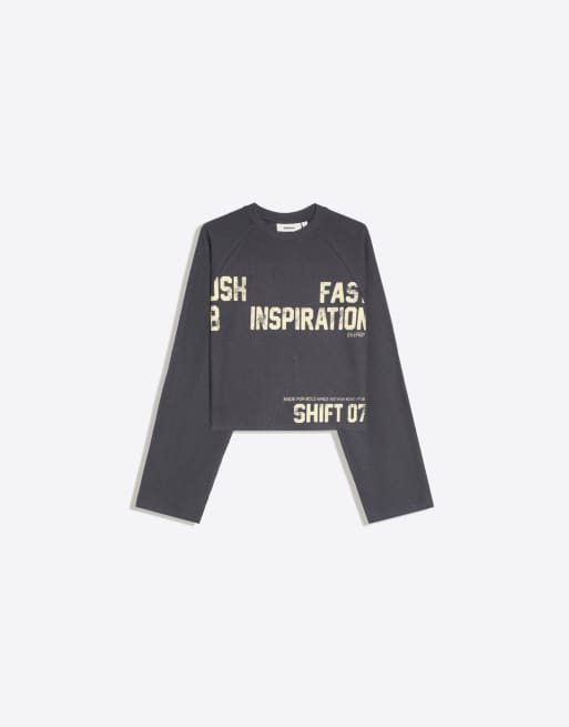 Bershka sweatshirt med rund halsringning och tryck i grått, 5 av 5