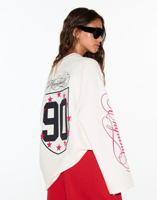 Bershka sweatshirt med rund halsringning och tryck i vitt, 3 av 5