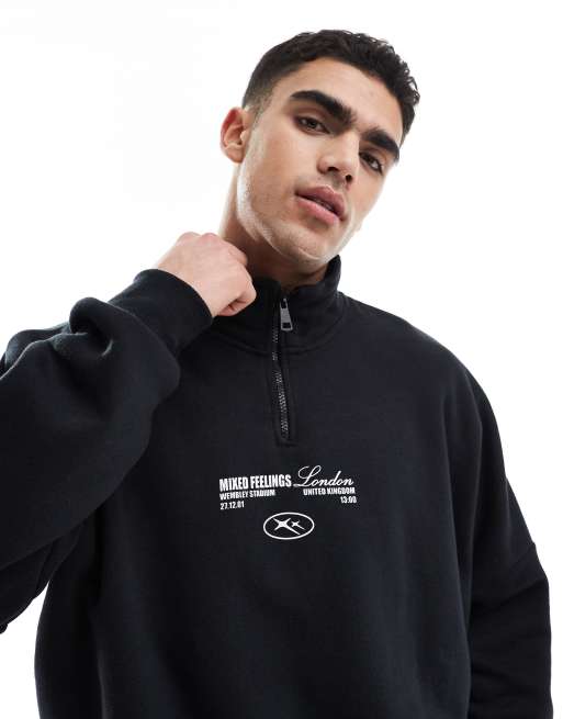 Bershka - Sweatshirt met 1/4 rits en print en biezen op de achterkant in zwart