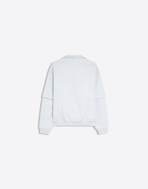 Bershka sweatshirt met dubbelmouweffect en polokraag in lichtgrijs, 7 van 7