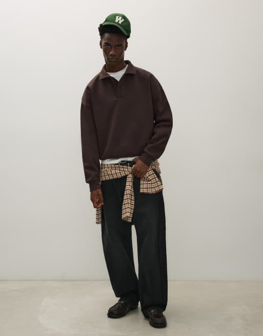Bershka sweatshirt met polokraag en knoopsluiting in bruin, 4 van 5