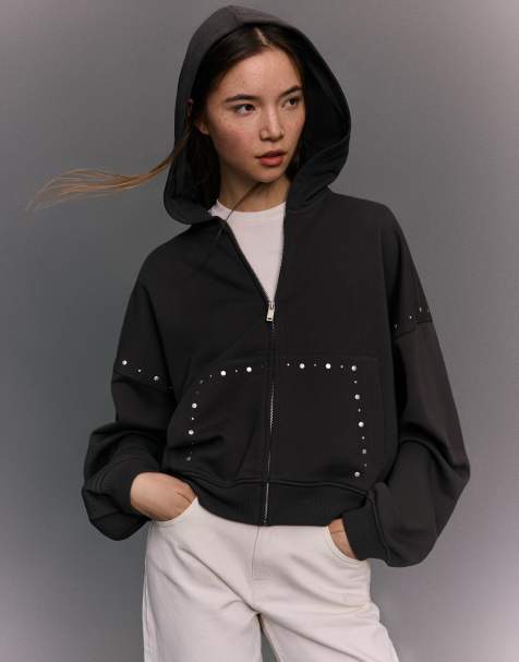 Bershka - Sweatshirt met rits en capuchon met studs in grijs met wassing - view 1