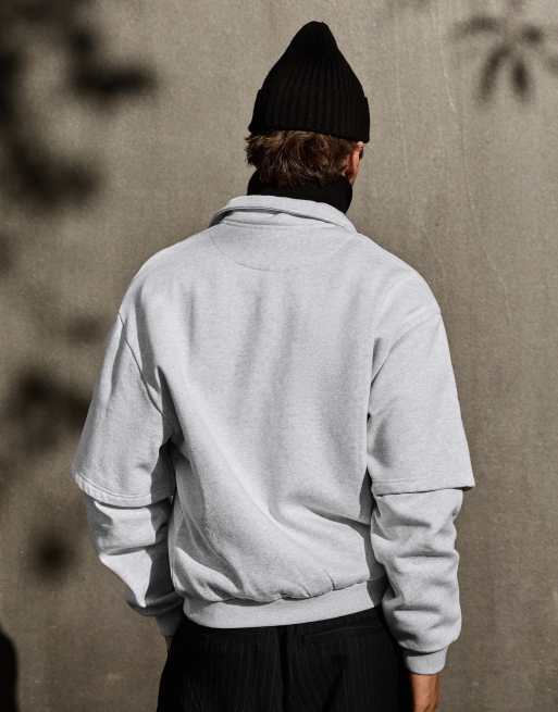 Bershka Sweatshirt mit Doppelärmel-Effekt, Polokragen, Hellgrau, 4 von 7