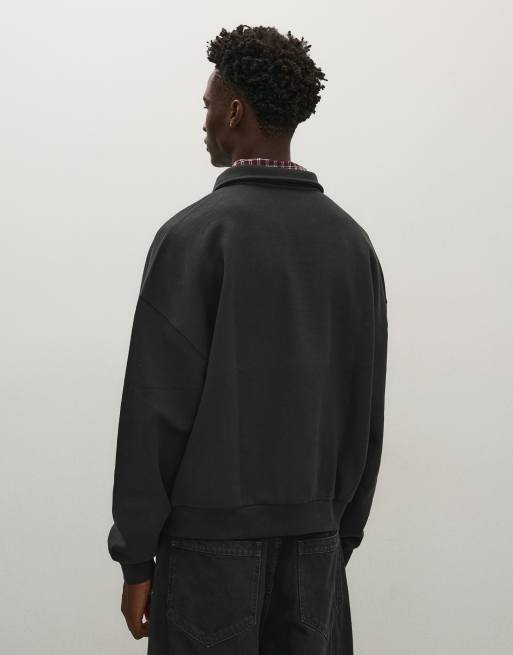Bershka Sweatshirt mit Knopfleiste und Polokragen in Schwarz, 3 von 5