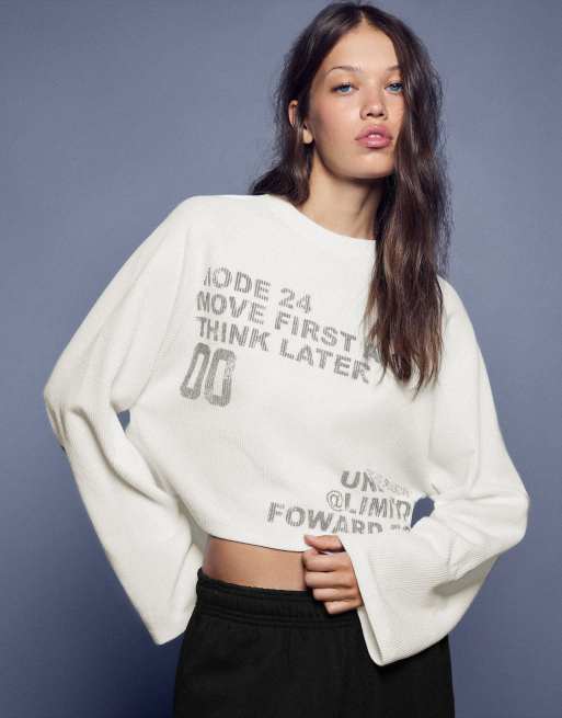 Bershka Sweatshirt mit Rundhalsausschnitt und Print in Ecru, 4 von 5