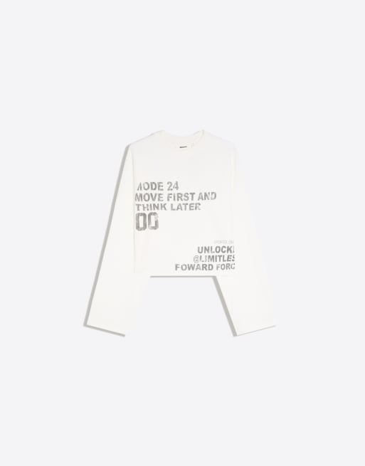 Bershka Sweatshirt mit Rundhalsausschnitt und Print in Ecru, 5 von 5