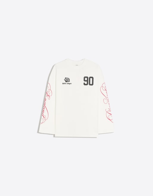 Bershka Sweatshirt mit Rundhalsausschnitt und Print in Weiß, 5 von 5