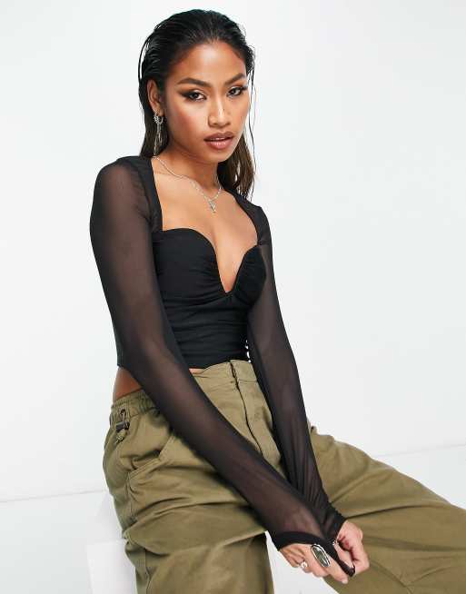 Bershka sweetheart neck mesh corset top in black