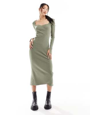 Bershka Sweetheart Neckline Knitted Maxi Dress In Khaki-green