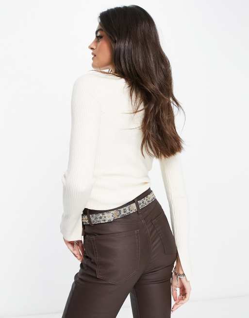 Bershka sweetheart neckline long sleeve knitted top in cream, 2 of 4