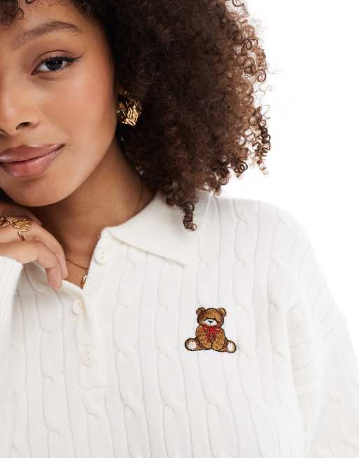 Bershka – Sweter o warkoczowym splocie w kolorze ecru z misiem, 4 z 4