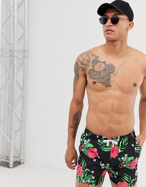 Bershka swim shorts with floral print in black with back pocket