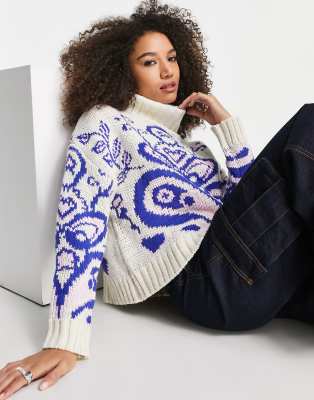 Bershka swirl print chunky roll neck jumper in white