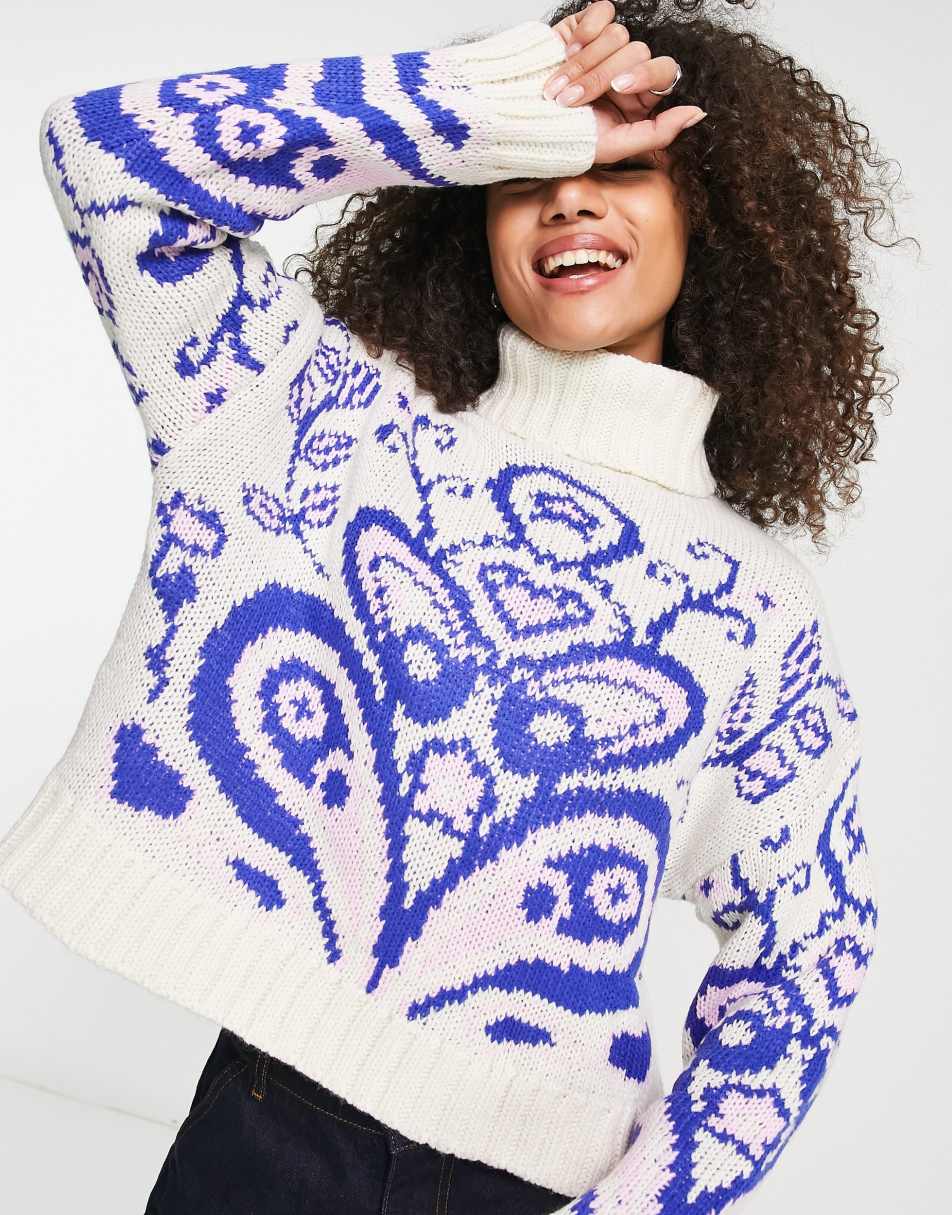 Bershka swirl print chunky roll neck jumper in white www