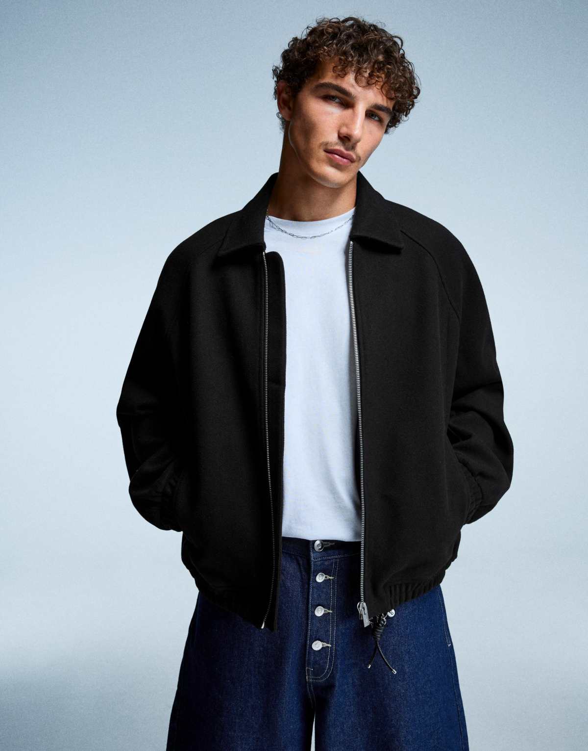 Bershka Synthetic wool trucker jacket in black