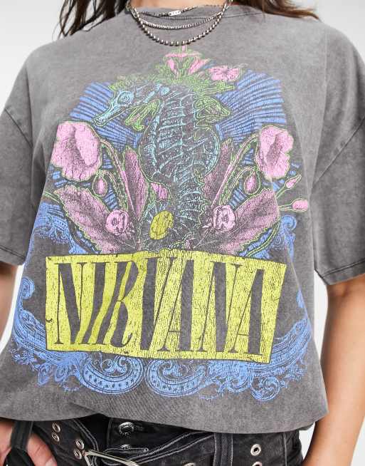 Bershka - Syrevasket grå oversized T-shirt med Nirvana-slogan, 3 af 4