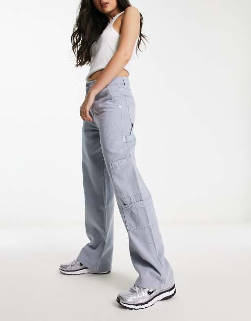 Bershka – Szaroniebieskie spodnie typu carpenter z szerokimi nogawkami, 4 z 4