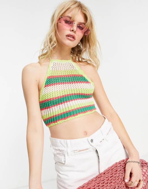 Bershka – Szydełkowy top w paski z wiązaniem z tyłu
