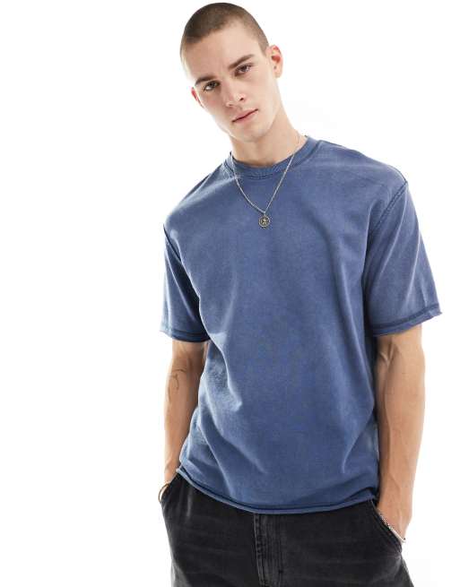 Bershka - T-shirt à bords bruts - Bleu délavé