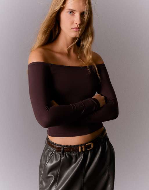 Bershka t-shirt à col Bardot manches longues bordeaux, 2 de 5