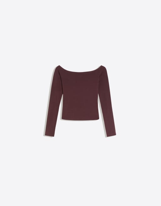 Bershka t-shirt à col Bardot manches longues bordeaux, 5 de 5