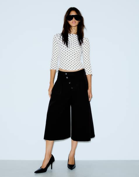 Bershka t-shirt à col bateau à manches longues noir et blanc - view 1