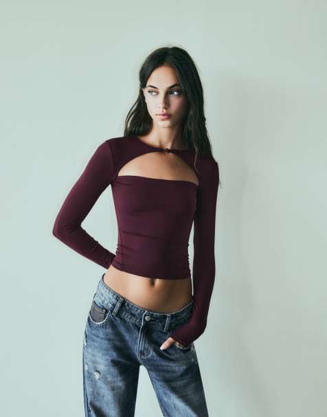 Bershka t-shirt à découpes en polyamide bordeaux - view 1