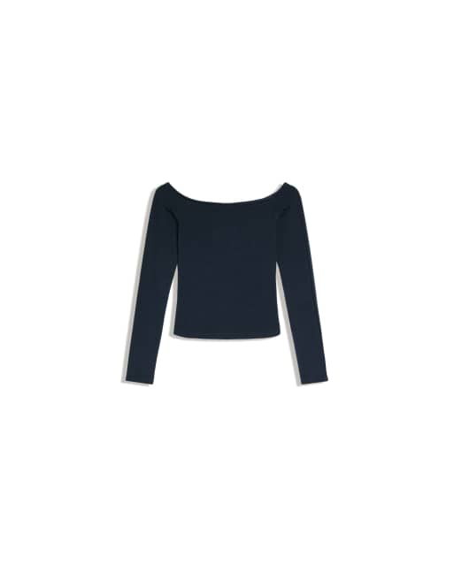 Bershka t-shirt à encolure Bardot à manches longues bleu marine, 5 de 5