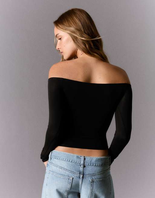 Bershka t-shirt à encolure Bardot à manches longues noir, 3 de 5