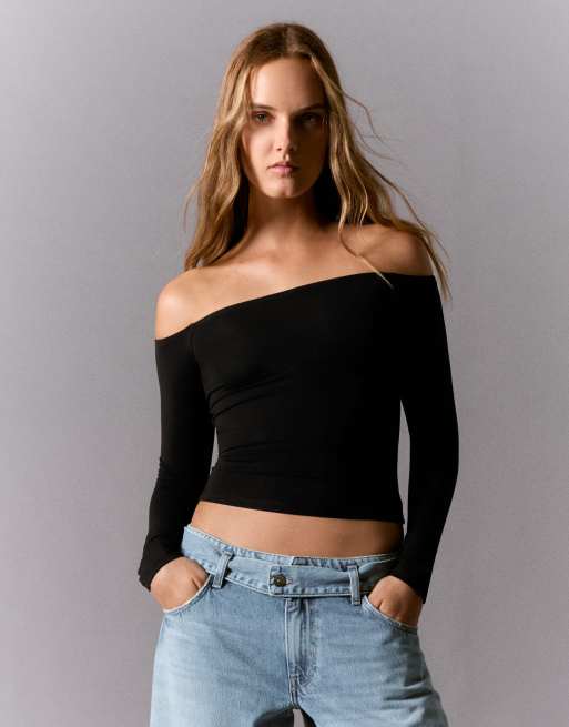 Bershka t-shirt à encolure Bardot à manches longues noir, 4 de 5