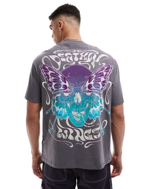 Bershka T-shirt à imprimé papillon au dos Gris ASOS