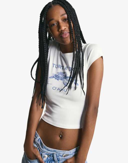 Bershka - T-shirt à manches courtes et imprimé - Blanc écru